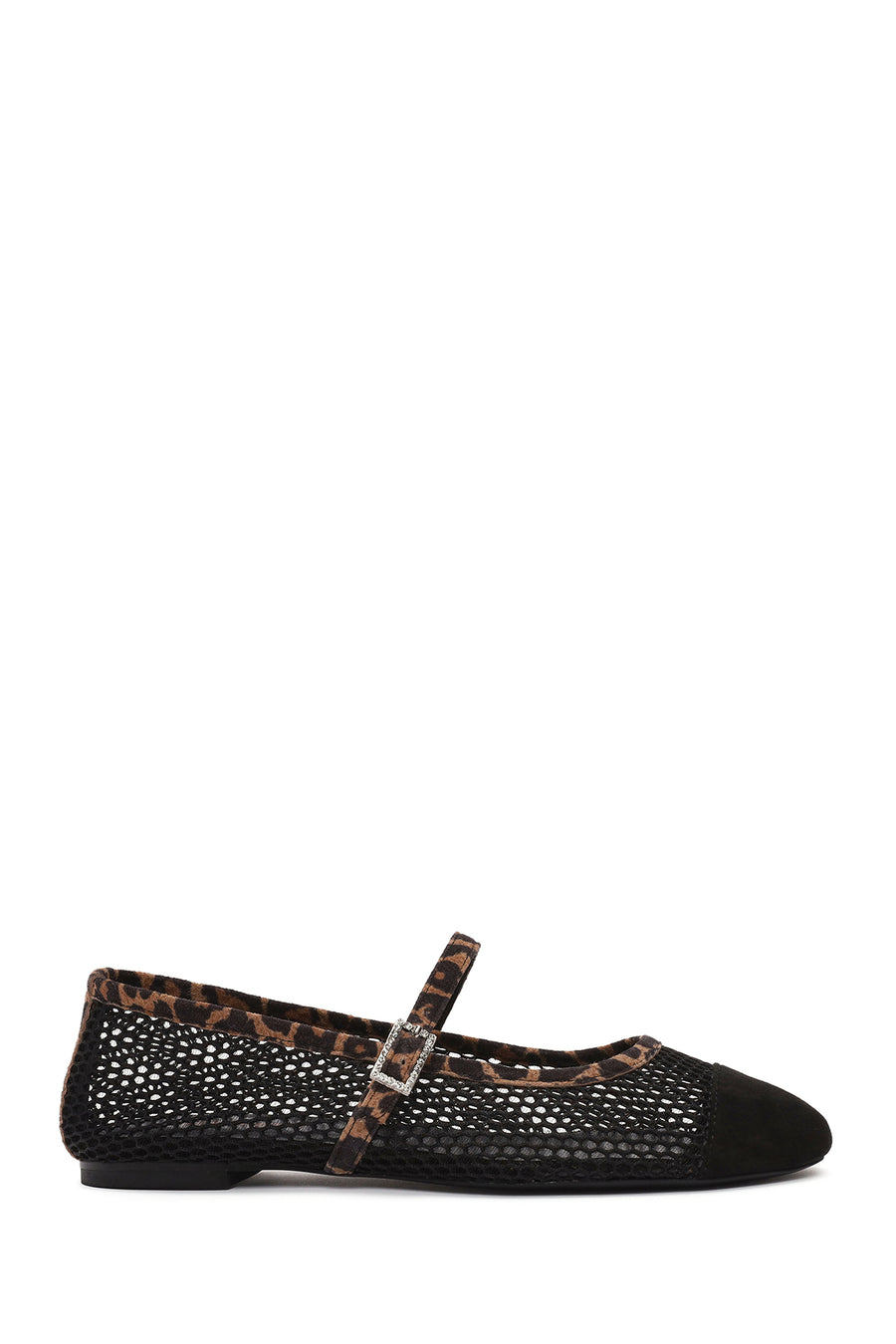 Women's Black Leopard Patterned Buckled Mesh Leather Ballerinas