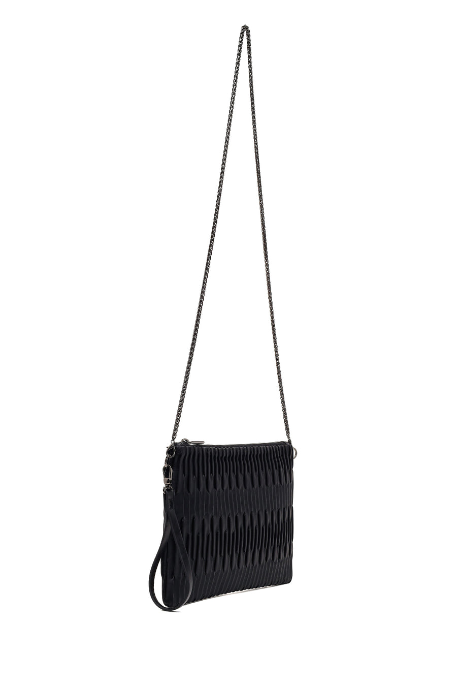 Woman Black Chain-Strap Patterned Clutch Bag