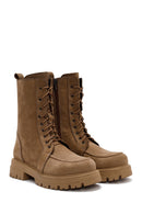 Women's Camel Zippered Nubuck Leather Combat Boots | Derimod