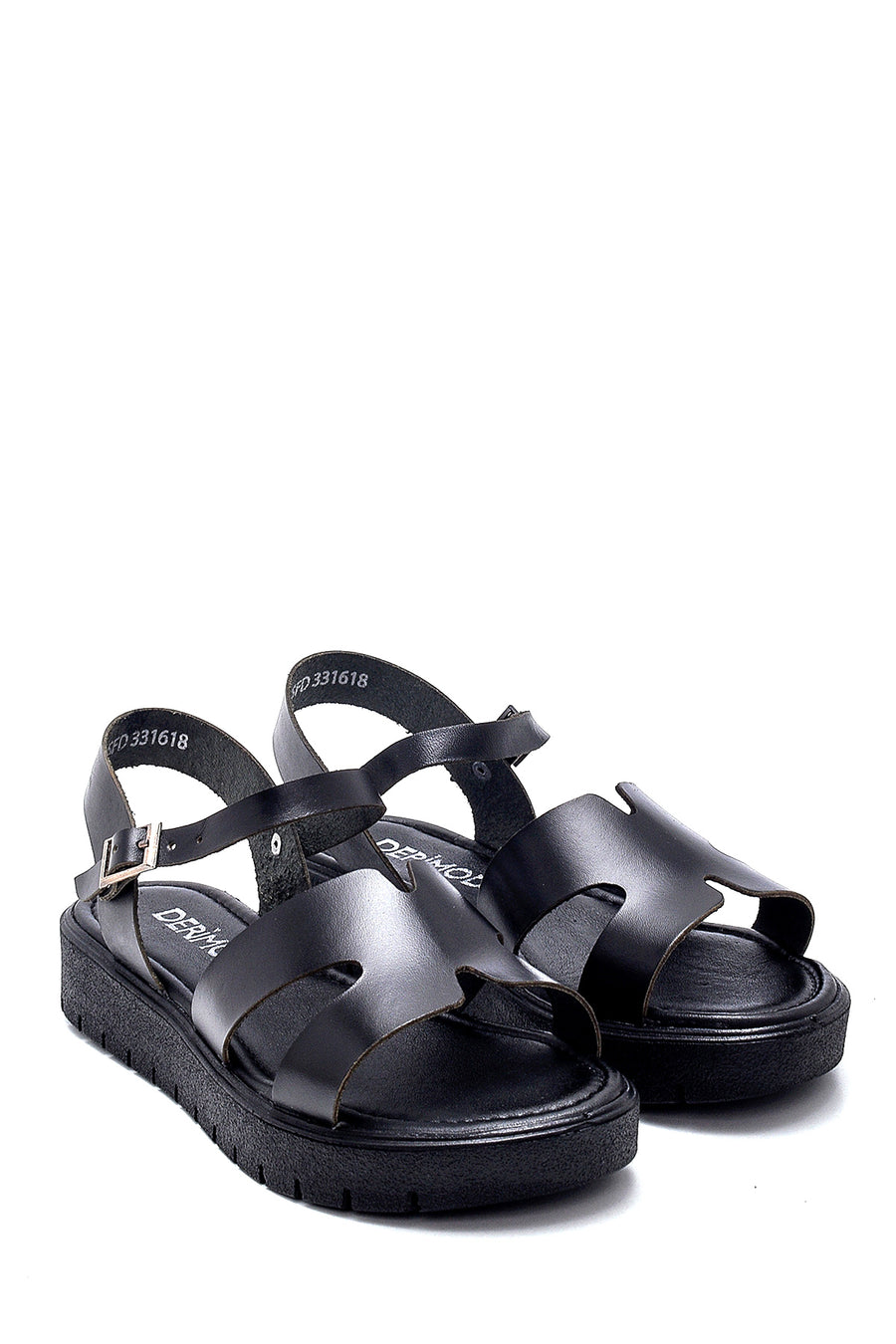 Women's Black Leather Flat Sandals