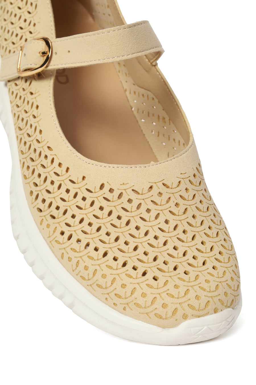 Woman Beige Patterned Suede Comfort Buckle Shoes
