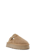 Women's Camel Thick-Soled Fur Detailed Suede Leather Slippers | Derimod