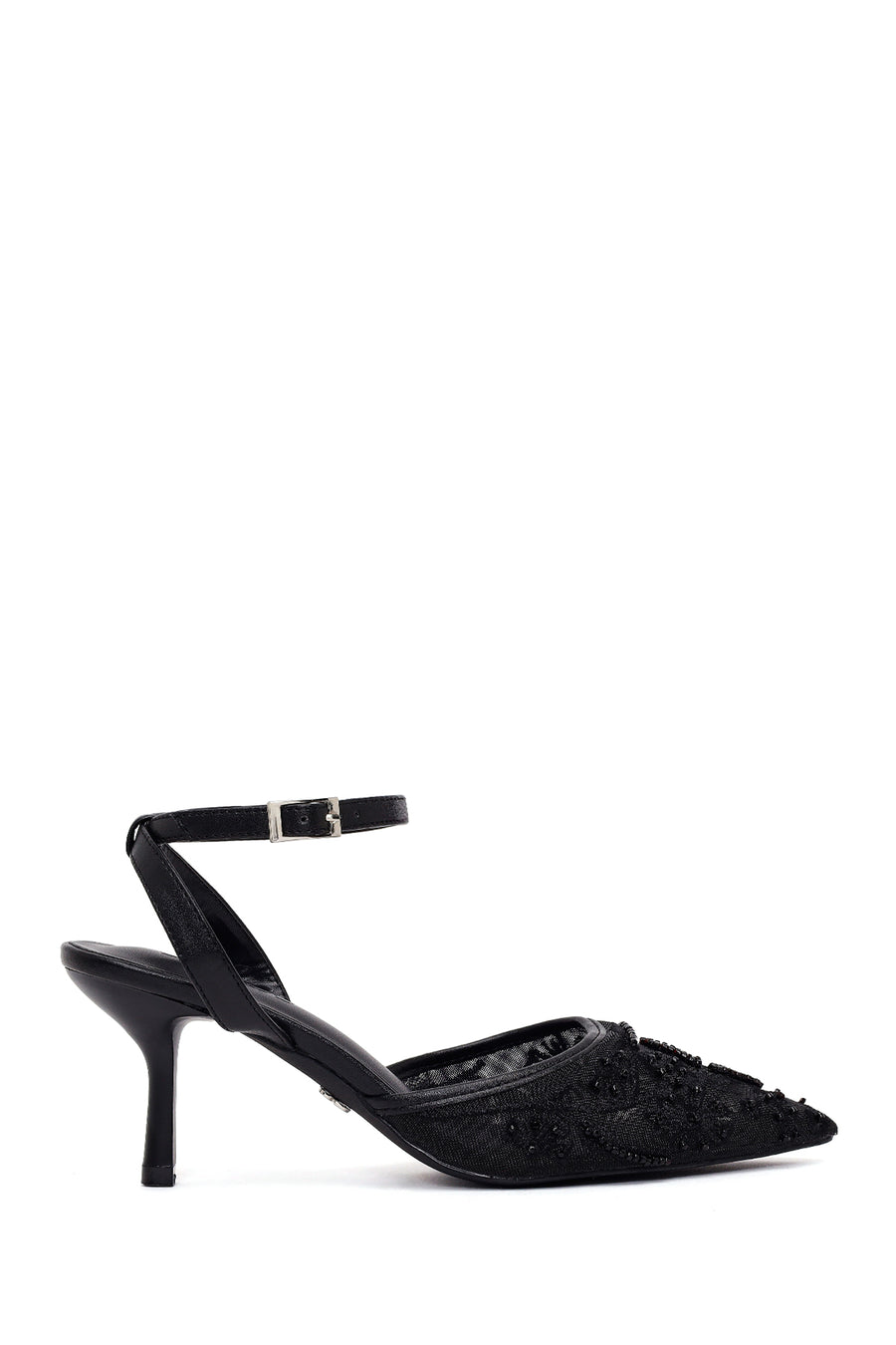 Woman Black Ankle-Buckle Floral Embroidered Open-Back Thin High Heel 26PFE49686F | Derimod