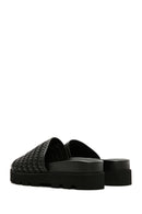 Women's Black Knit Leather Slippers | Derimod