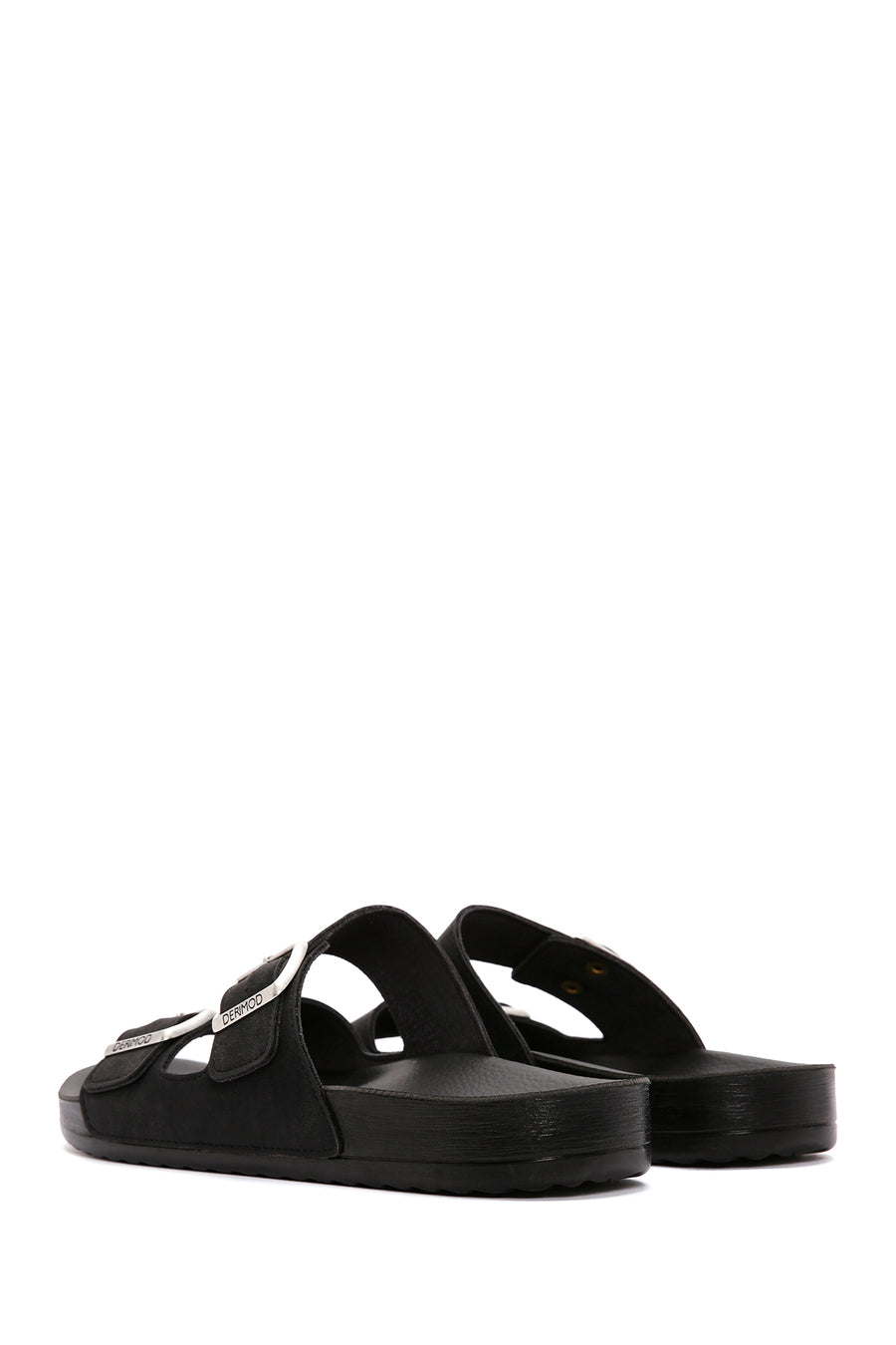 Men's Black Double Buckle Suede Leather Slippers