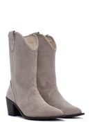 Women's Beige Thick Heeled Suede Leather Cowboy Boots | Derimod