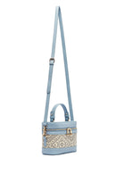 Women's Blue Long Strap Patterned Mini Box Crossbody Bag | Derimod