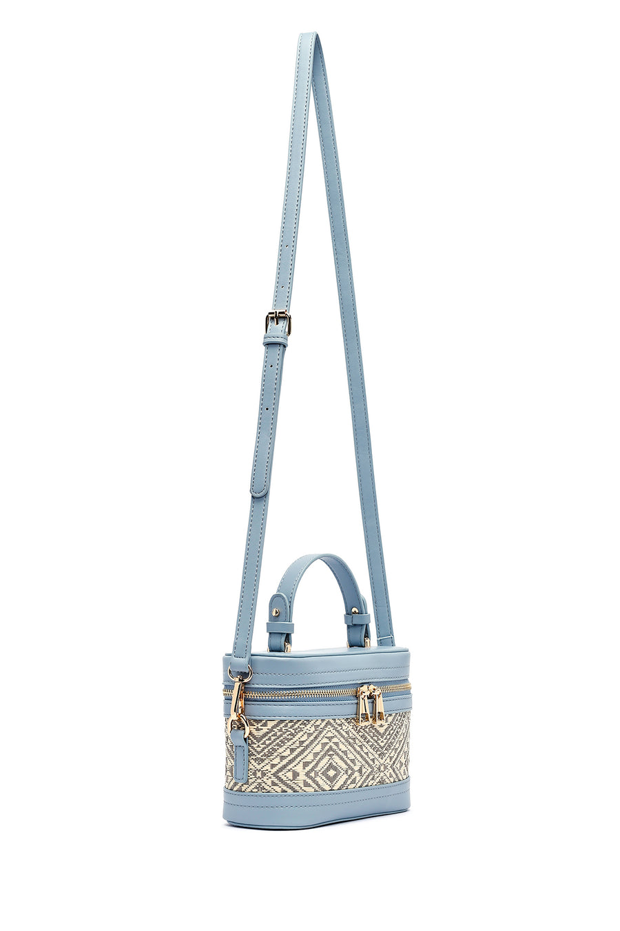 Women's Blue Long Strap Patterned Mini Box Crossbody Bag