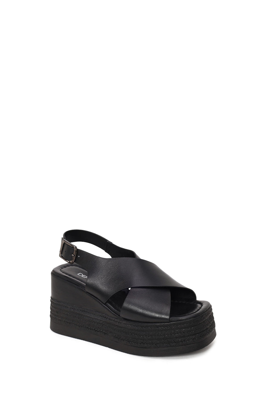 Woman Black Ankle-Buckle Wedge-Heel Leather Sandal