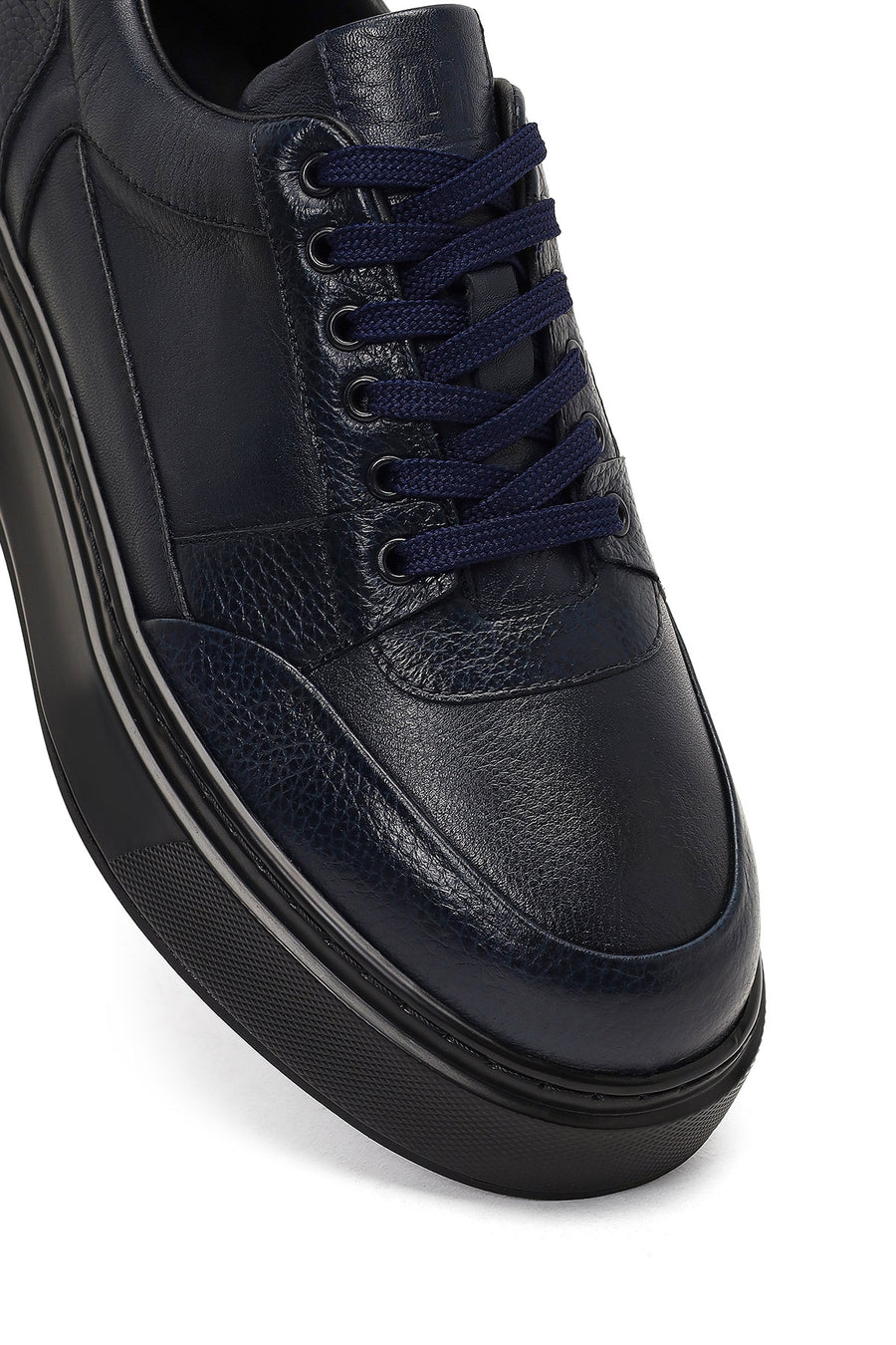 Men's Navy Blue Lace-Up Thick Sole Leather Sneaker