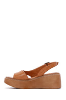 Women's Tan Ankle Strap Wedge Heeled Leather Comfort Sandals | Derimod