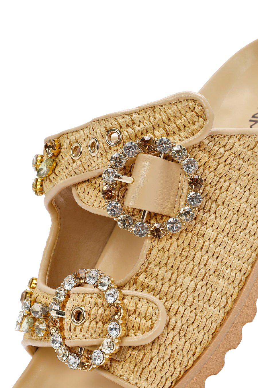 Women's Beige Straw Stone Slippers