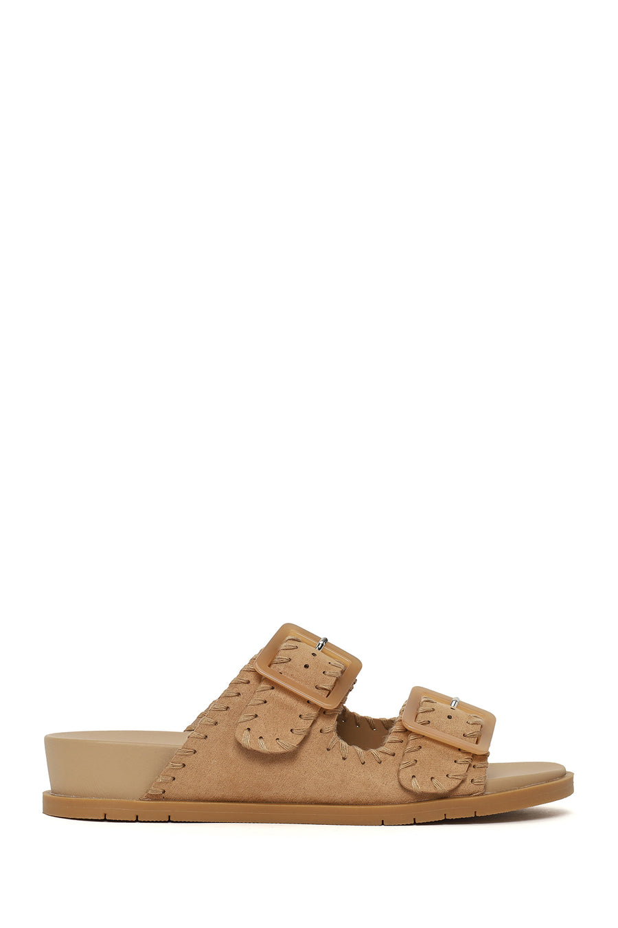 Woman Beige Double-Buckle Suede Slipper 26SFE480910 | Derimod