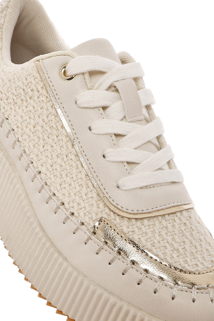Women's Beige Lace-Up Thick-Sole Knitted Sneakers