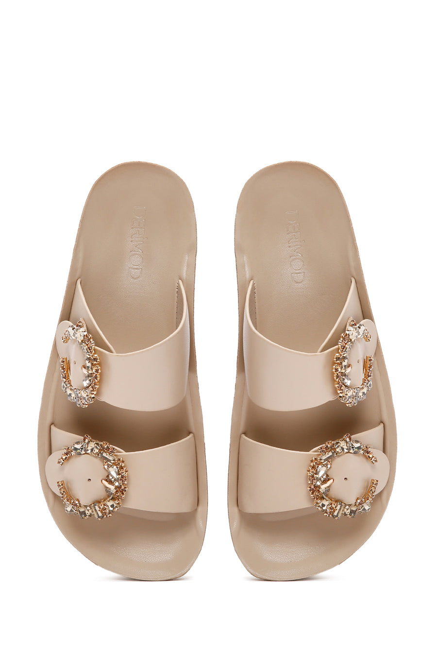 Women's Beige Double Buckled Stoned Slippers