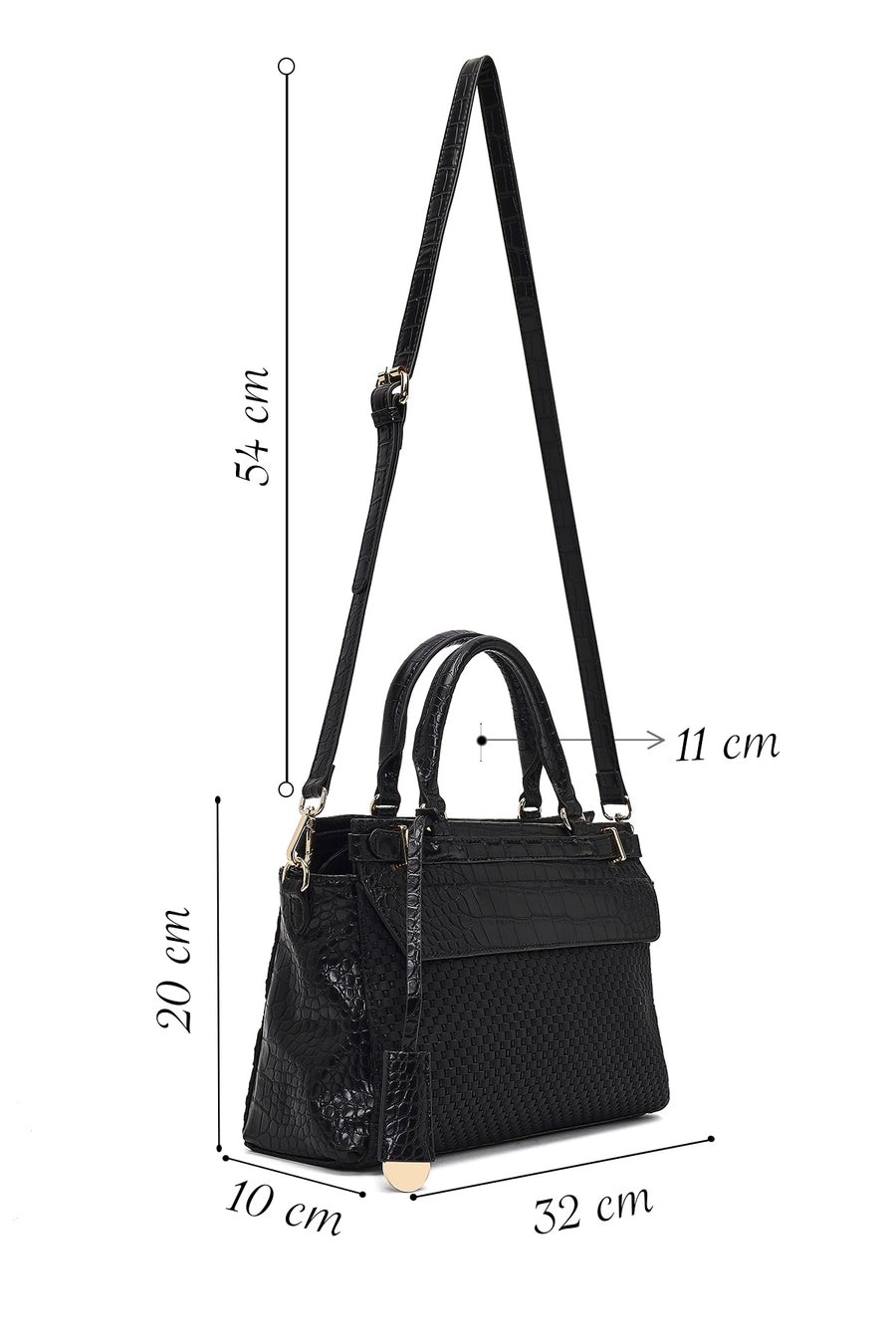 Women's Black Long Strapped Patterned Shoulder Bag
