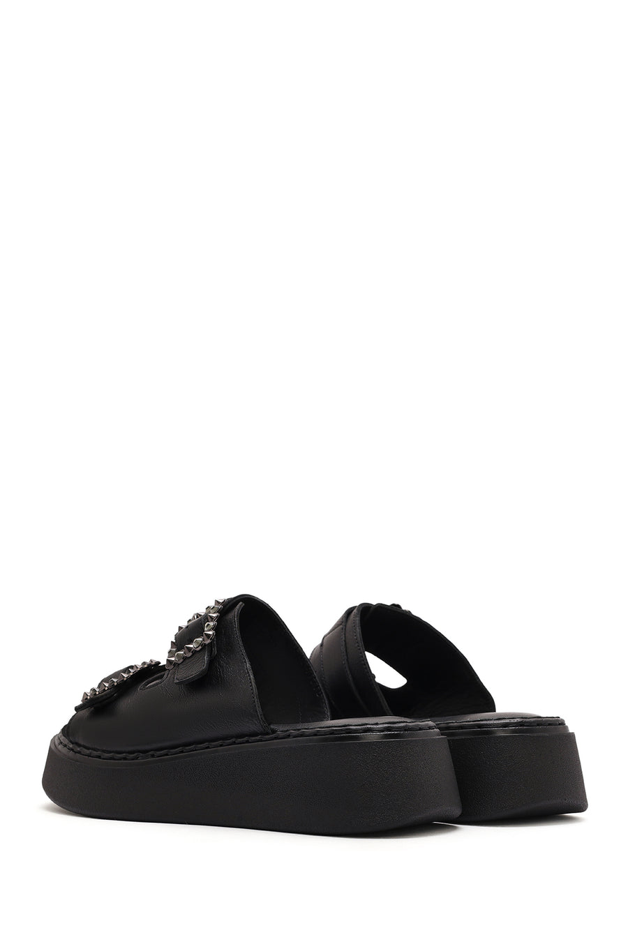 Women's Black Double Buckle Thick-Soled Leather Comfort Slippers