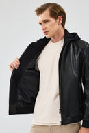 Niko Men's Black Hooded Leather Jacket | Derimod