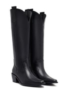 Woman Black Thick-Heeled Leather Cowboy Boots | Derimod