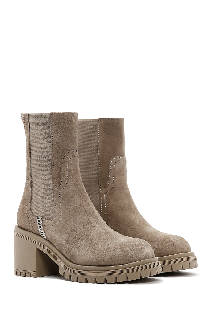 Women's Beige Suede Leather Heeled Chelsea Boots