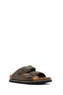 Men's Khaki Double Buckle Nubuck Leather Slippers | Derimod