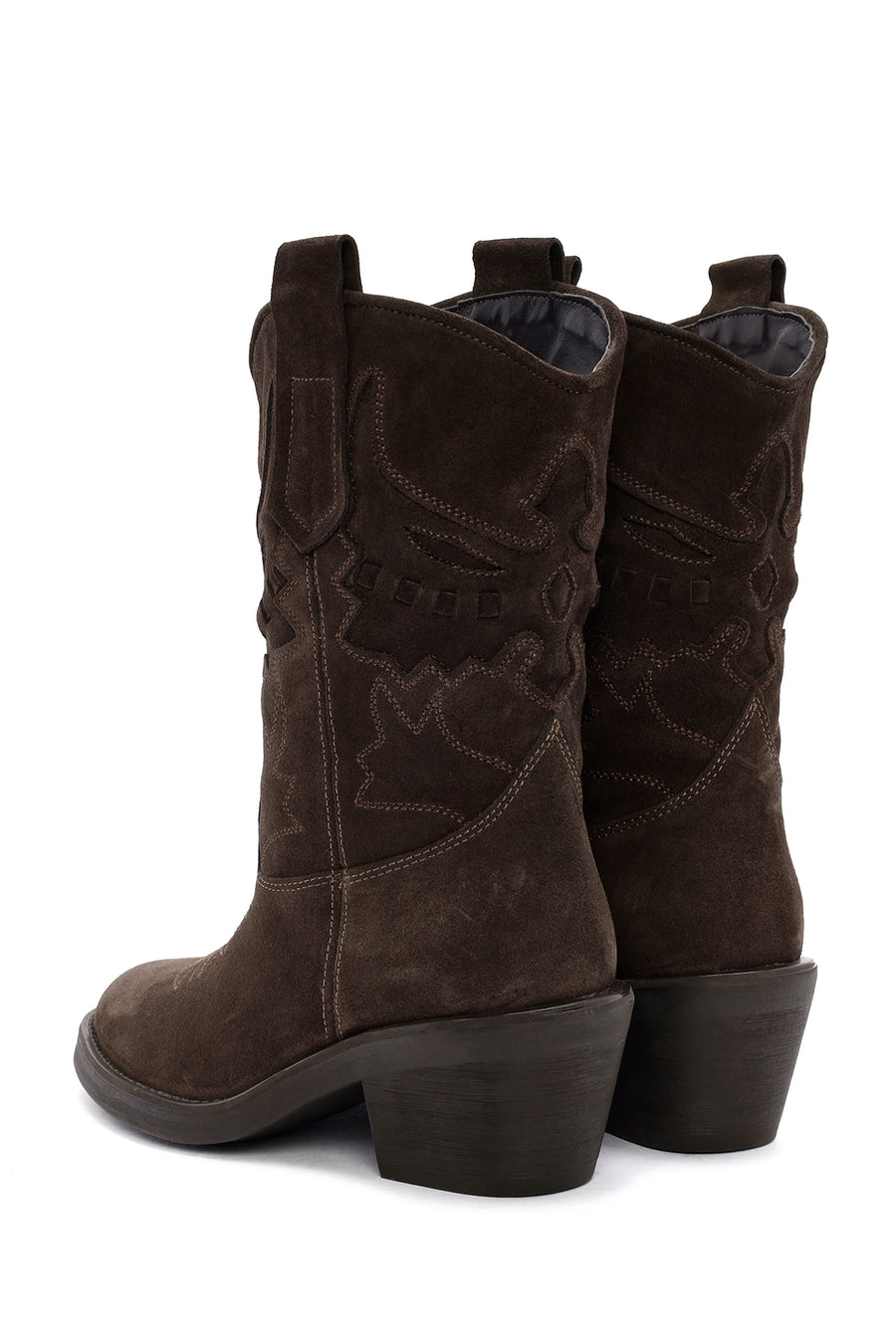 Woman Brown Short Chunky Heeled Suede Cowboy Boots