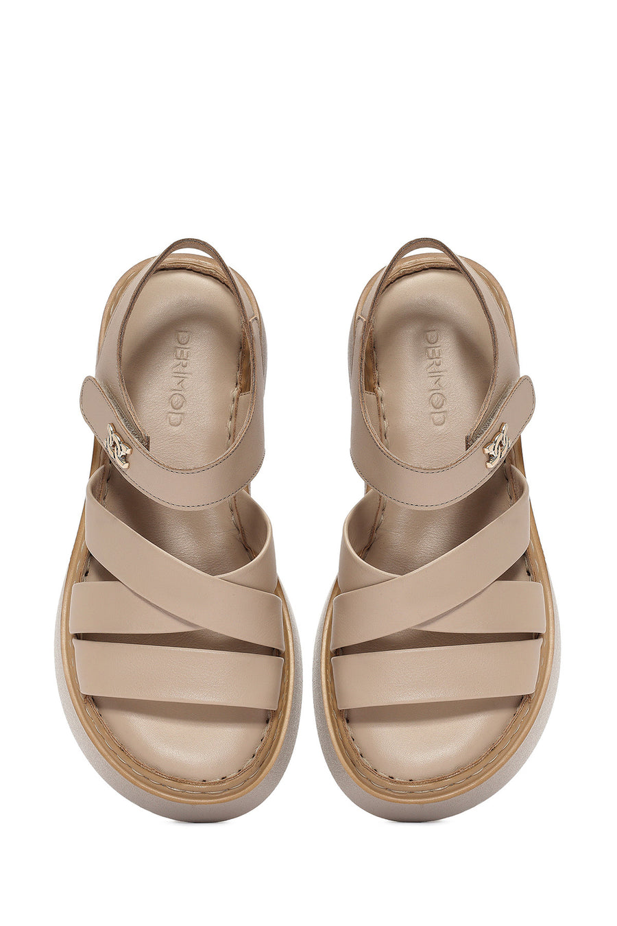 Women's Beige Ankle Strap Thick Soled Leather Comfort Sandals