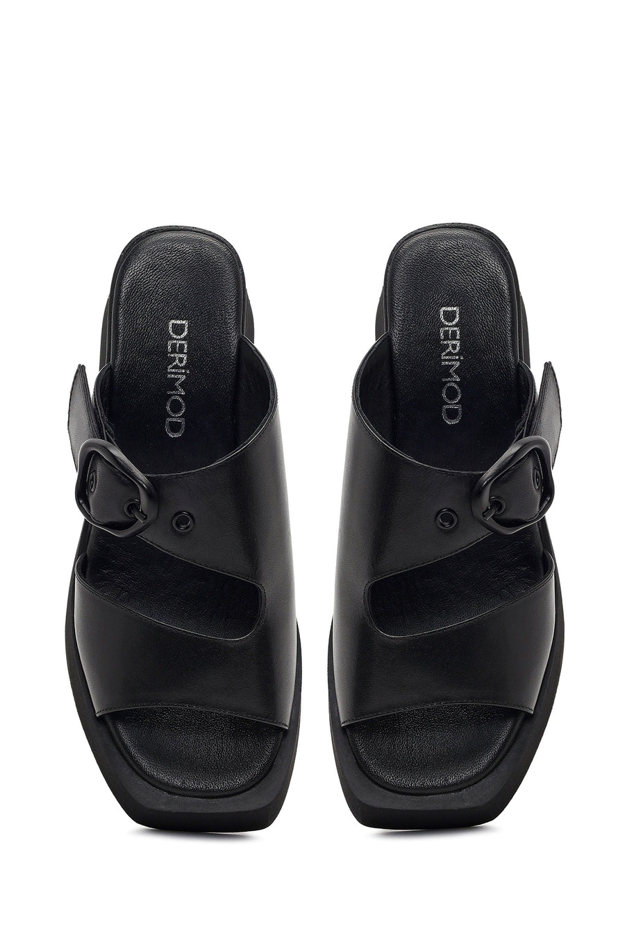 Women's Black Buckle Platform Leather Slippers