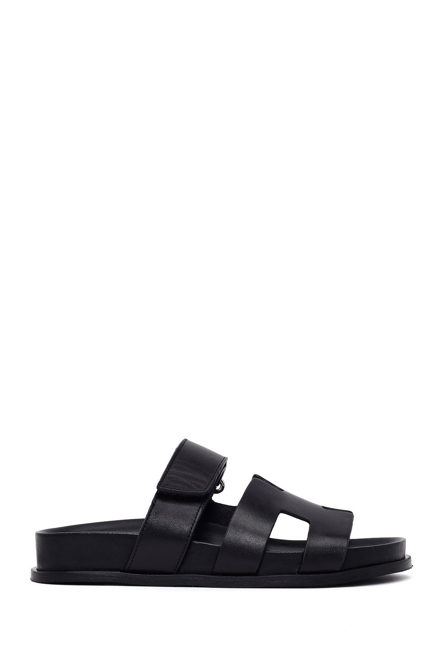 Woman Black Strap Thick Sole Leather Slipper 26SFD120418 | Derimod