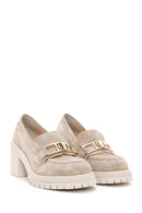 Women's Beige Suede Leather Heeled Loafer | Derimod