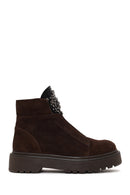 Woman Brown Zip Closure Embellished Chunky Sole Suede Boots | Derimod
