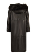 Adele Woman Black A-Line Hooded Fur Collar Leather Overcoat | Derimod
