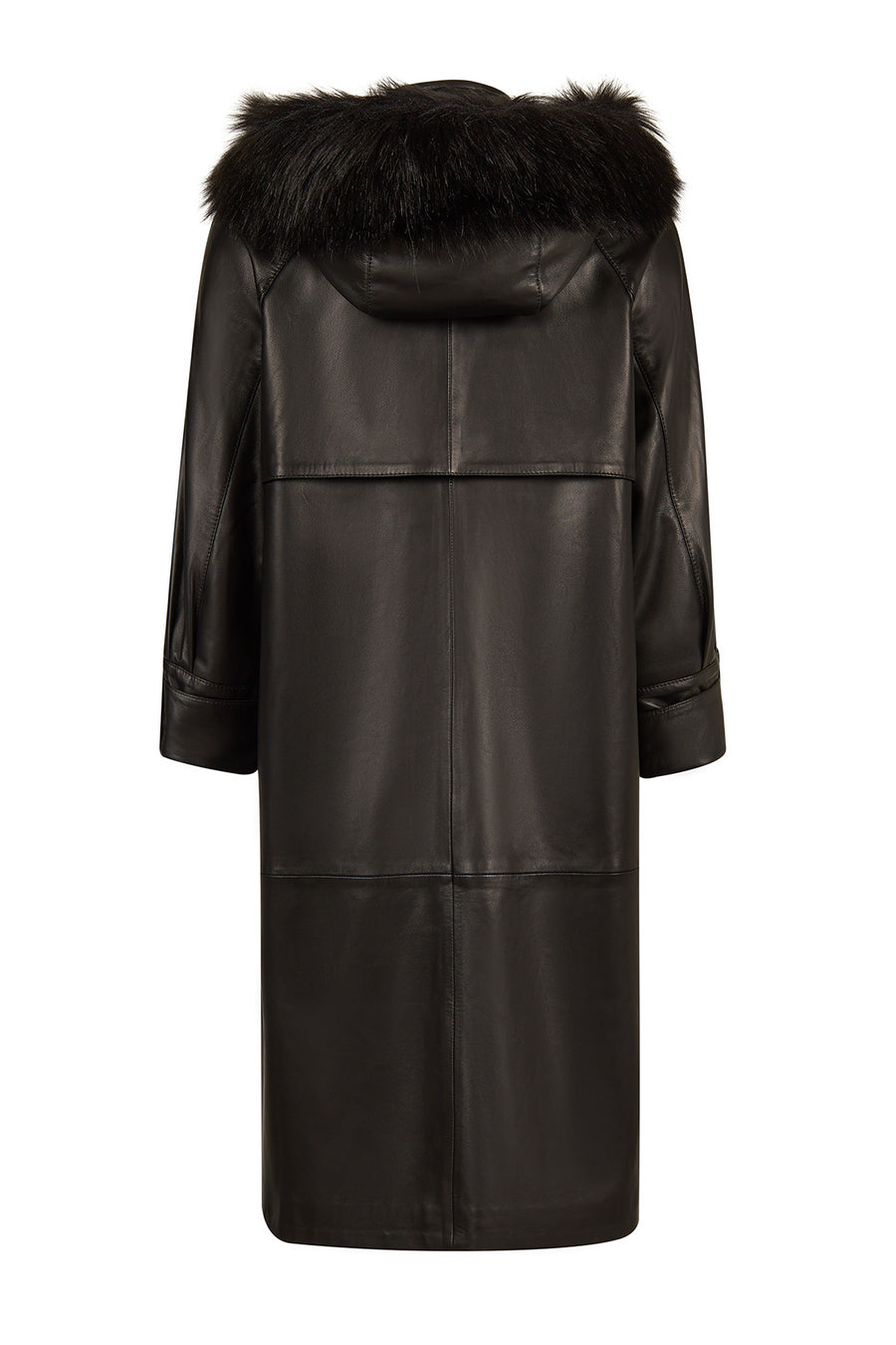 Adele Woman Black A-Line Hooded Fur Collar Leather Overcoat