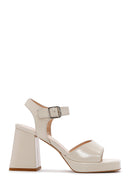 Women's Beige Patent Leather Thick Heeled Sandals | Derimod