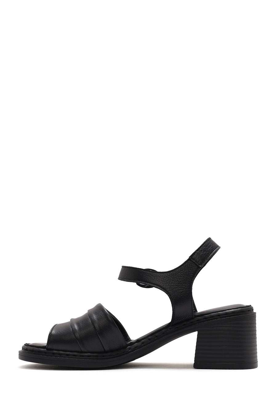 Women's Black Ankle Strap Thick Heel Leather Sandals