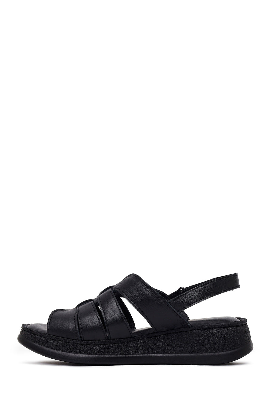 Woman Black Strappy Thick-Soled Leather Comfort Sandal