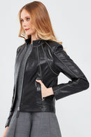 Julia Women's Black Short Leather Jacket | Derimod