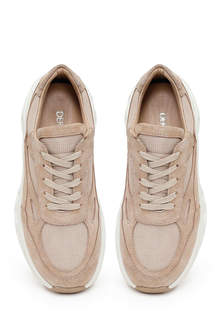 Woman Beige Lace-Up Thick-Soled Suede Leather Sneaker