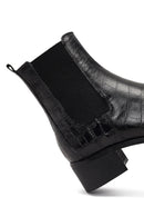 Women's Black Croco Patterned Short Thick Heel Leather Chelsea Boot | Derimod