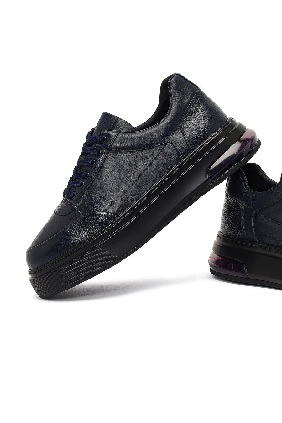 Men's Navy Blue Lace-Up Thick Sole Leather Sneaker
