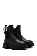 Women's Black Leather Buckle Zippered Thick Soled Leather Boots | Derimod