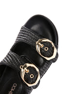 Women's Black Double Buckle Straw Slippers | Derimod