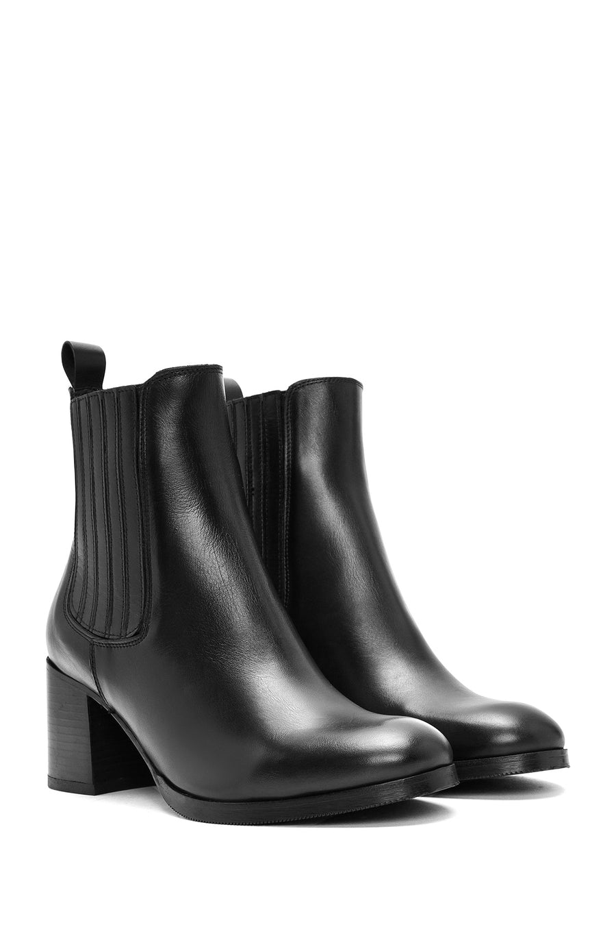 Women's Black Thick Heeled Leather Chelsea Boots