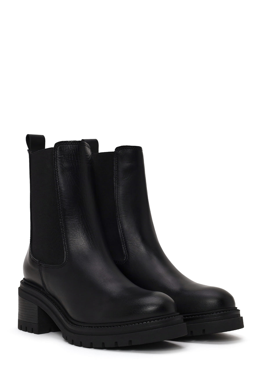 Woman Black Thick-Heeled Leather Chelsea Boots