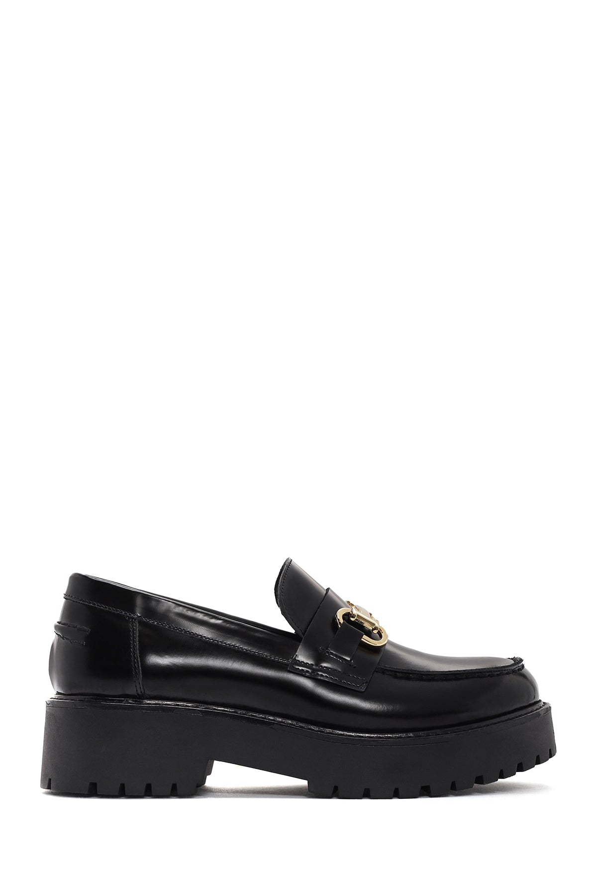 Women's Black Buckle Detailed Thick-Soled Leather Masculine Loafer 25SFD180222 | Derimod