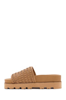 Women's Brown Knit Leather Slippers | Derimod