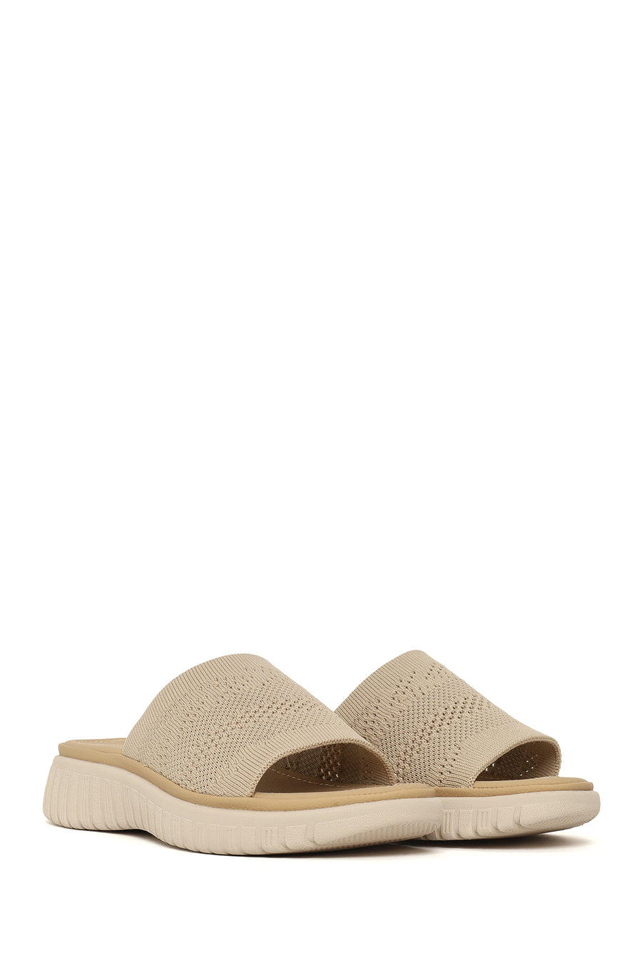 Woman Beige Thick-Soled Patterned Comfort Slippers