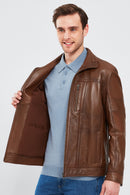 Bruno Men's Cognac Leather Jacket | Derimod