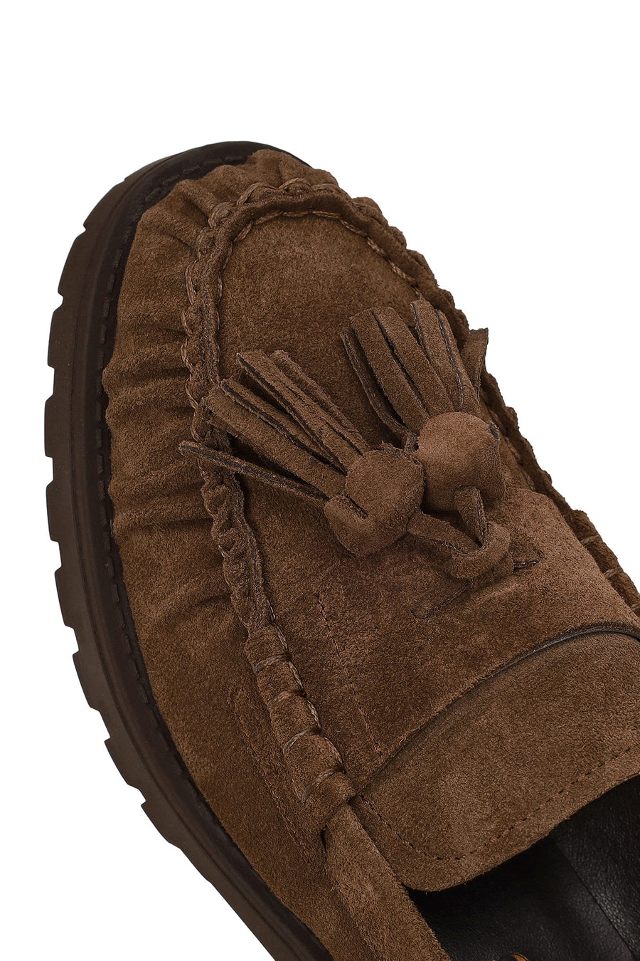 Woman Walnut Tassel Chunky Heeled Suede Loafer