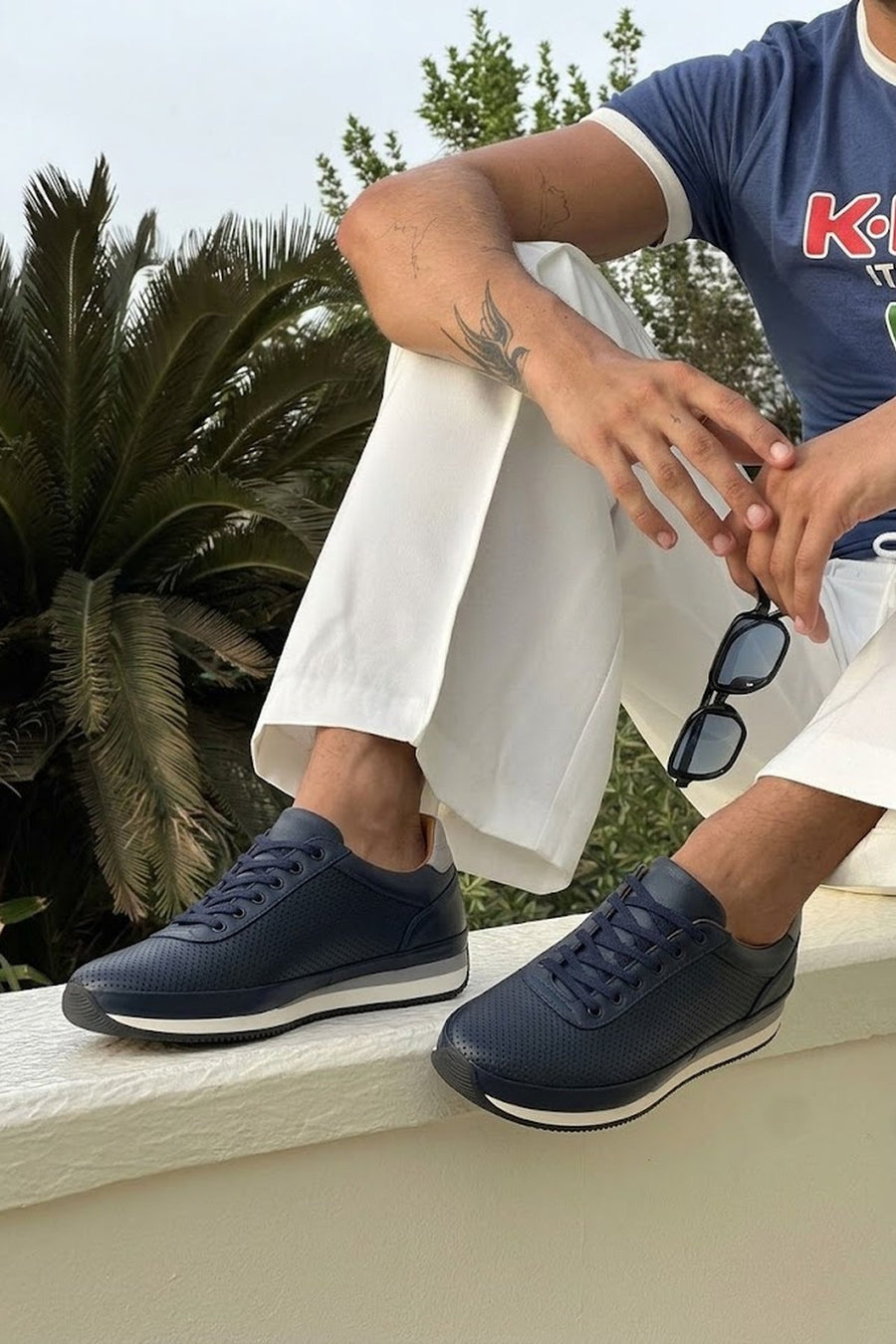 Erkek Lacivert Bağcıklı Deri Casual Sneaker